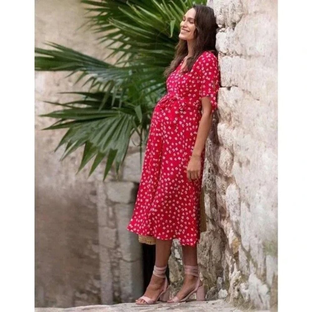 Seraphine Maternity Wrap Midi Dress in Red Floral 8